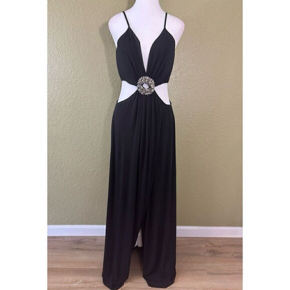 Ramy Brook Women's 8 Rivana Cutout Maxi Dress Black Beaded Buckle High Slit Sexy - Picture 1 of 9